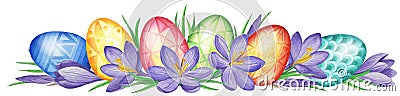 Spring flower banner of crocuses and easter eggs. Watercolor Background Stock Photo