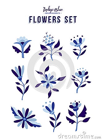 Spring flower ornament set in indigo blue color Vector Illustration