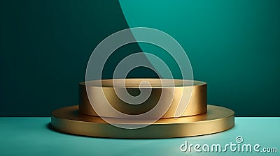 Spring Flower Teal & Gold Table Counter Top, Podium Pedestal, Luxorious Background, Product Mock up Display, Back Drop. Generative Stock Photo