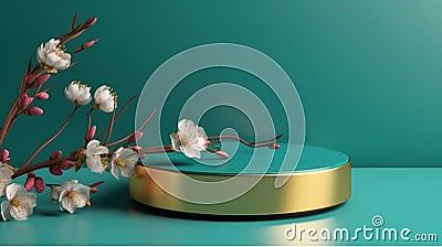 Spring Flower Teal & Gold Table Counter Top, Podium Pedestal, Luxorious Background, Product Mock up Display, Back Drop. Generative Stock Photo