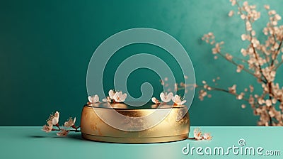 Spring Flower Teal & Gold Table Counter Top, Podium Pedestal, Luxorious Background, Product Mock up Display, Back Drop. Generative Stock Photo