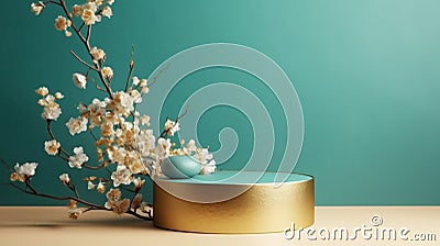 Spring Flower Teal & Gold Table Counter Top, Podium Pedestal, Luxorious Background, Product Mock up Display, Back Drop. Generative Stock Photo