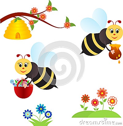 Spring Flowers and Bee Illustrations Cartoon Illustration
