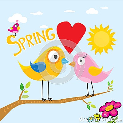 Spring flowers and birds vector background. Vector Illustration