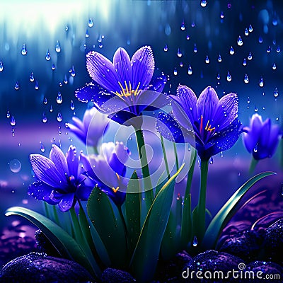 Spring flowers of blue crocuses in drops of water on the background of tracks of rain drops Stock Photo