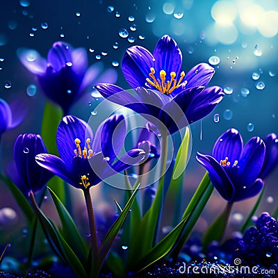 Spring flowers of blue crocuses in drops of water on the background of tracks of rain drops Stock Photo