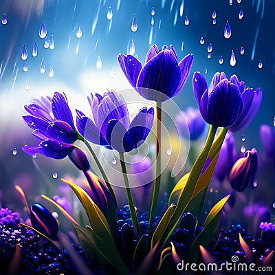 Spring flowers of blue crocuses in drops of water on the background of tracks of rain drops Stock Photo