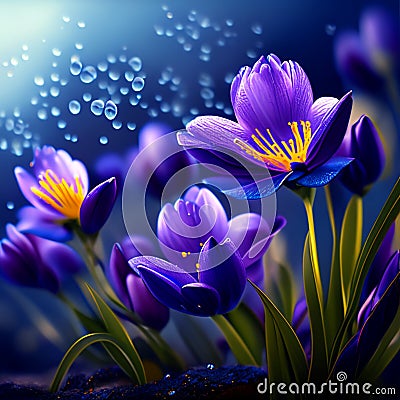 Spring flowers of blue crocuses in drops of water on the background of tracks of rain drops Stock Photo