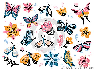 Spring flowers and butterflies. Colorful garden flower, floral decor and elegant butterfy isolated vector set Vector Illustration