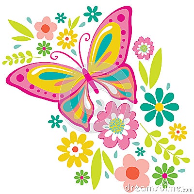 Spring Flowers and Butterfly Vector Illustration