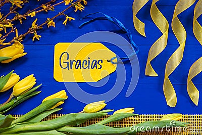 Spring Flowers Decoration, Branch, Label, Gracias Means Thank You Stock Photo