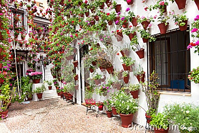Spring Flowers Decoration of Old House Patio, Cordoba, Spain Editorial Stock Photo