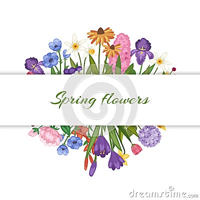 Spring flowers, floral card with garden flowers botanical vector illustration. Vector Illustration