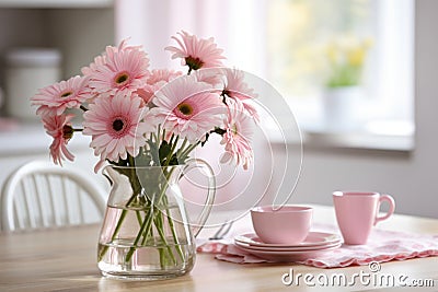 Spring flowers in glass vase on wooden table. Blurred kitchen background with old chair. Bouquet of pink gerberas Stock Photo