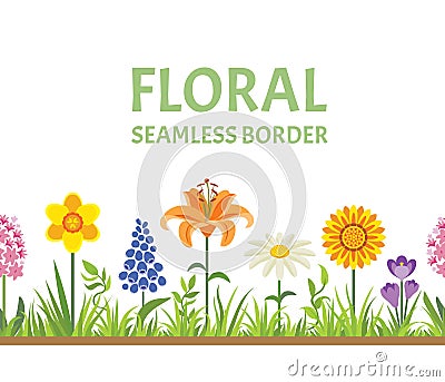 Spring flowers and green grass seamless border. Vector illustration of Flowering meadow. Vector Illustration