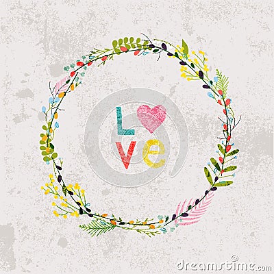 Spring flowers, leaves, dandelion, grass on a vintage background Vector Illustration