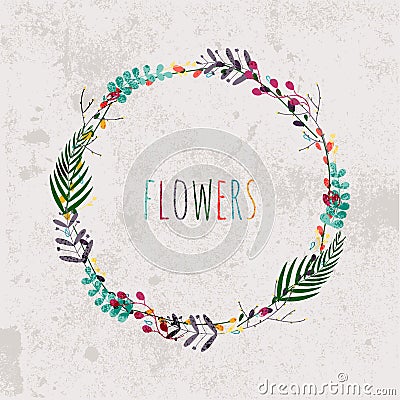 Spring flowers, leaves, dandelion, grass on a vintage background Vector Illustration