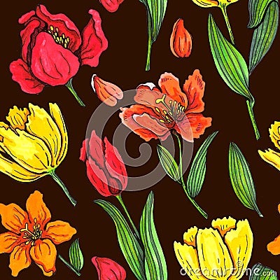 spring flowers and leaves of tulips painted by watercolor. Vector Illustration