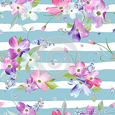 Spring Flowers Seamless Pattern. Watercolor Floral Background for Wedding Invitation, Fabric, Wallpaper, Print Vector Illustration
