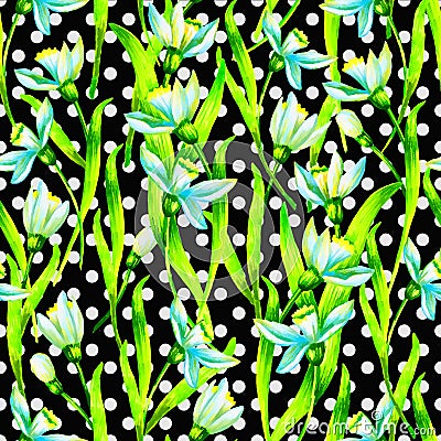 Spring flowers snowdrop seamless pattern, hand painted watercolor illustration Cartoon Illustration