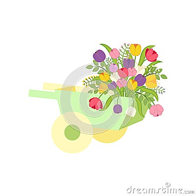 Spring flowers in wheelbarrow Vector Illustration