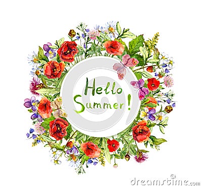 Spring flowers, wild grass, meadow butterflies. Summer floral wreath. Watercolor Stock Photo