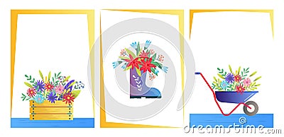 Spring flowers in wooden box, colorful boot vase, wheelbarrow with plants. Garden decor and springtime concept vector Vector Illustration