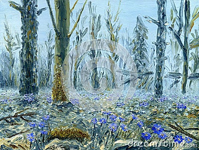 Spring forest with lots of blue flowers. Oil painting on canvas. Stock Photo