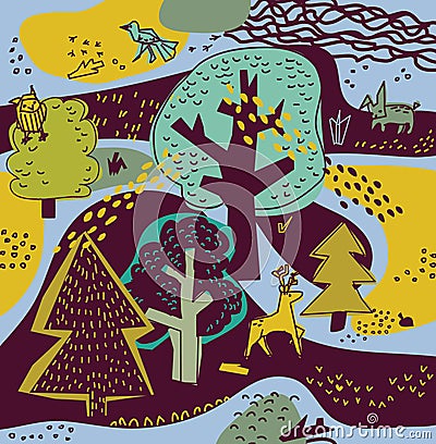 Spring forest nature landscape and animals. Vector Illustration