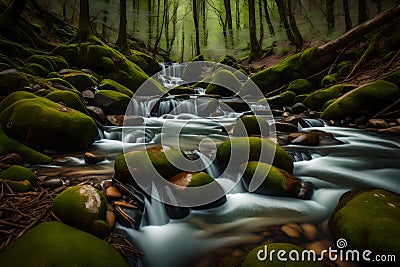 spring forest nature landscape, beautiful spring stream, river rocks in mountain forest cloudy day Stock Photo