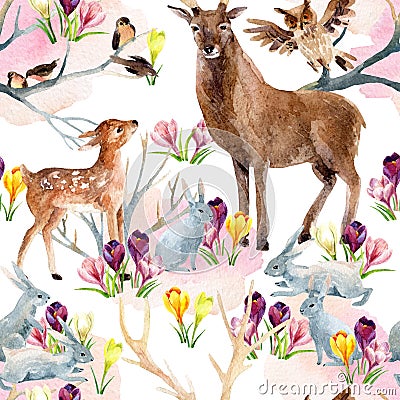 Spring forest seamless pattern. Cartoon Illustration