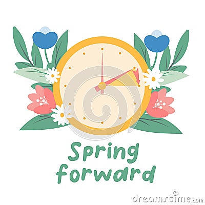 Spring forward concept in flat style, change clock forward one hour, Daylight Saving Time web vector reminder banner Vector Illustration