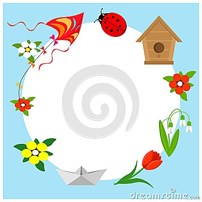 Spring frame with flowers, a kite and a birdhouse. Place for a photo or text Vector Illustration