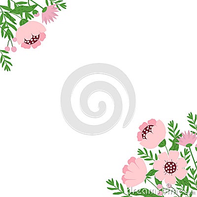 Spring frame with flowers and twigs with space for text in the center. Simple plants, children's drawing for templates Vector Illustration