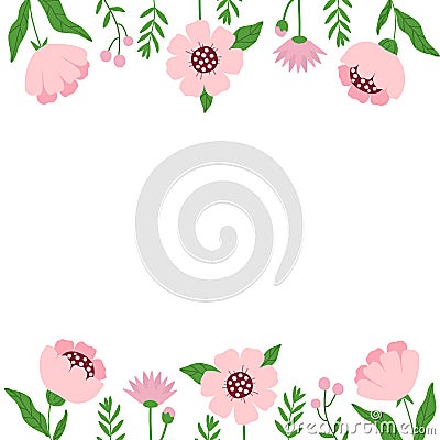 Spring frame with flowers and twigs with space for text in the center. Simple plants, childrens drawing for templates Vector Illustration