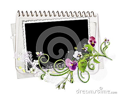 Spring frame and paper stack with heartsease Stock Photo