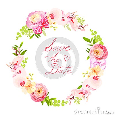 Spring fresh rose, ranunculus, peony, berry round vector frame Vector Illustration