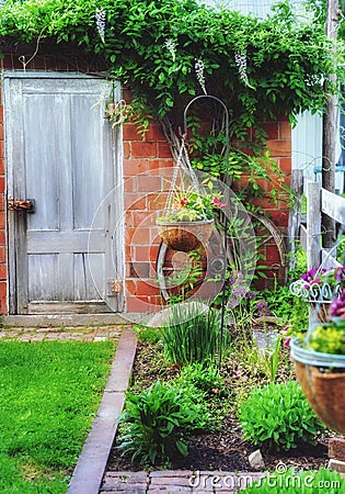 Spring garden area with old building and wisteria vine. Stock Photo