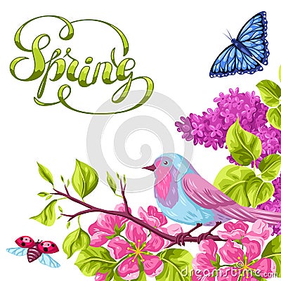 Spring garden background or greeting card. Natural illustration with blossom flower, robin birdie and butterfly Vector Illustration