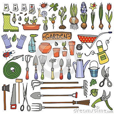 Spring garden doodle set.Colored tools,plants Vector Illustration