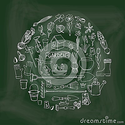 Spring garden doodles in circle.Chalkboard Vector Illustration