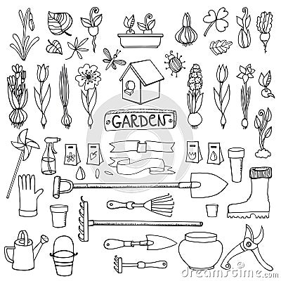 Spring garden doodles.Flowers,bulbs,plants,tools Vector Illustration