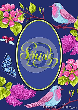Spring garden frame. Natural illustration with blossom flower, robin birdie and butterfly Vector Illustration