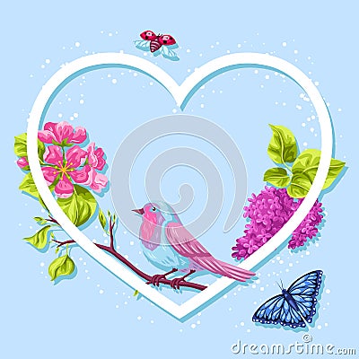 Spring garden frame. Natural illustration with blossom flower, robin birdie and butterfly Vector Illustration