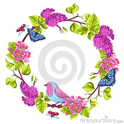 Spring garden frame. Natural illustration with blossom flower, robin birdie and butterfly Vector Illustration