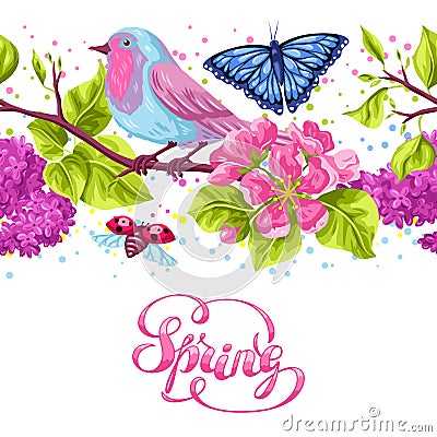 Spring garden seamless pattern. Natural illustration with blossom flower, robin birdie and butterfly Vector Illustration