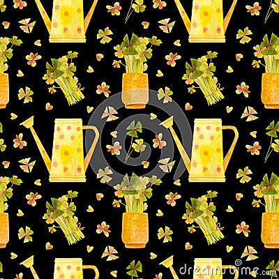 Spring garden seamless pattern. Yellow watering can and seedlings of oxalis. Cartoon Illustration