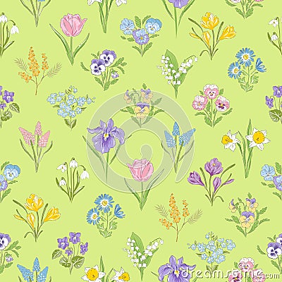 Spring Garden variety flowers seamless pattern. Vector Illustration
