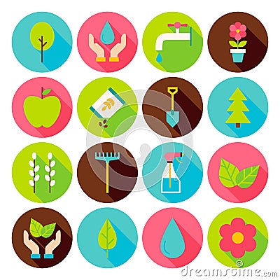 Spring Gardening Circle Icons Set with long Shadow Vector Illustration