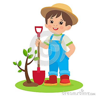 Spring Gardening. Growing Young Gardener. Cute Cartoon Boy With Shovel. Vector Illustration